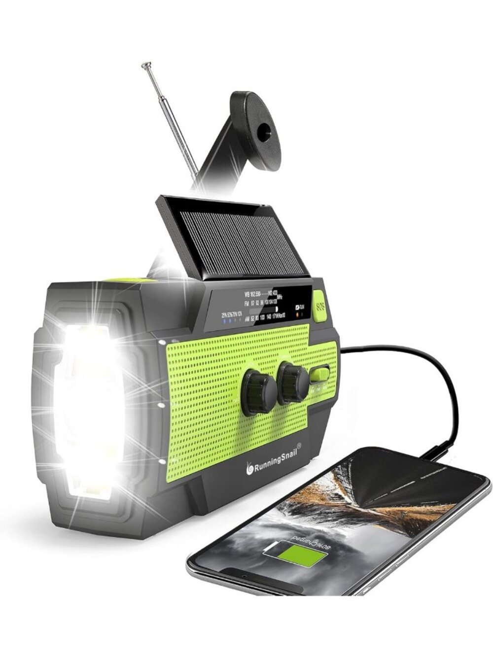 Portable Emergency Weather Radio with Solar Crank, Flashlight, Phone Charger